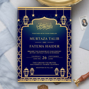 Invitación Arco Islámico de Oro Azul y Linternas Boda Musulma