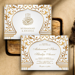 Invitación Arco islámico ornamentado blanco y dorado para bod