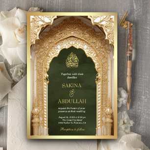 Invitación Arco Islámico Real Verde Oliva Dorado Boda Musulma