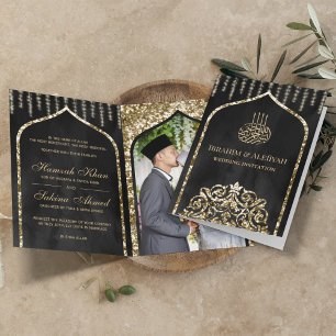 Invitación Arco Islámico Vintage Dorado Gris Carbón Boda