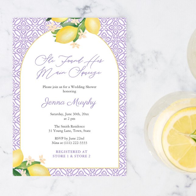 Invitación Arco Limones Lila Fiesta de Despedida de Soltera (Lemons Lavender Modern arch she found her main squeeze bridal shower invitation with QR code)