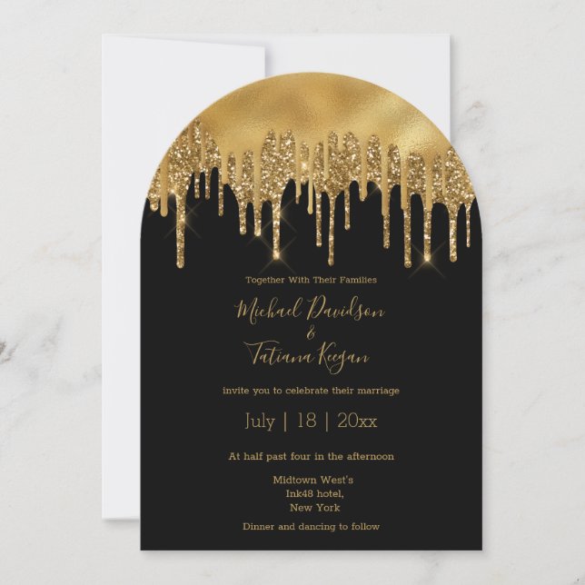 Invitación arco lujoso y moderno purpurina de oro negro boda (Anverso)