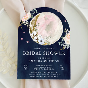 Invitación Arco Lunar Floral Rosa Rubor Azul Marino para Desp