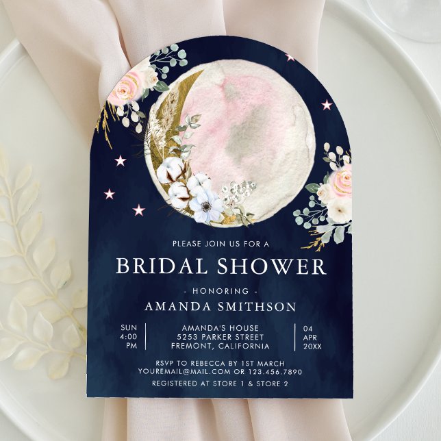 Invitación Arco Lunar Floral Rosa Rubor Azul Marino para Desp (Subido por el creador)