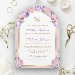 Invitación Arco Mariposa Bodas Floral Rosa Lavanda Dorado