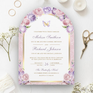 Invitación Arco Mariposa Bodas Floral Rosa Lavanda Dorado