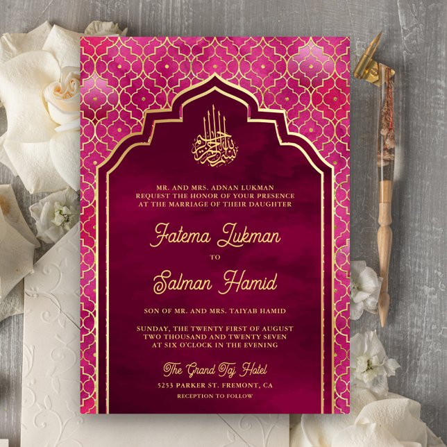Invitación Arco marroquí de oro rosa magenta Boda musulmana (Subido por el creador)