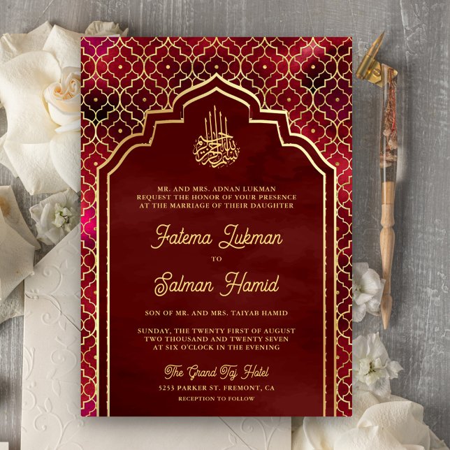 Invitación Arco Marroquí Musulmán Boda Rojo Granate Oro (Subido por el creador)