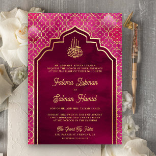 Invitación Arco Marroquí Musulmán Boda Rosa Magenta Dorado