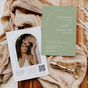 Invitación Arco Mínimo Verde Dusty Moderno Foto Código QR Inv
