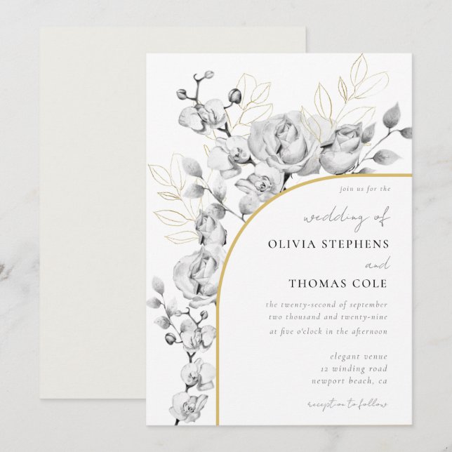Invitación Arco moderno Boda de guirnaldas florales de oro bl (Anverso / Reverso)