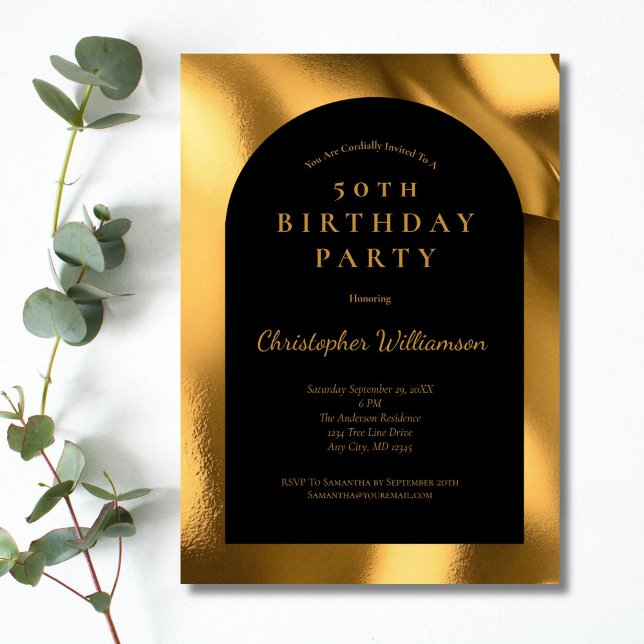 Invitación Arco moderno de los hombres negros Relieves metali (Black with gold foil 50th birthday invitation for him or her. Simple Classic)