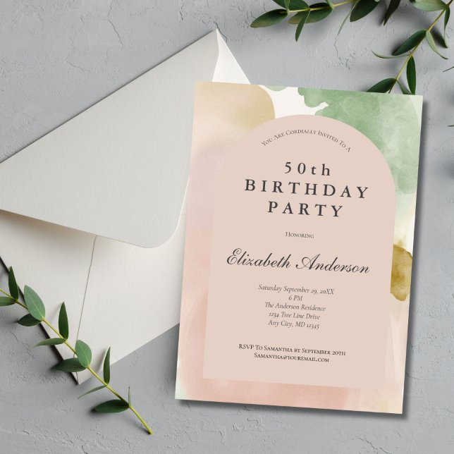 Invitación Arco moderno dorado verde rosa boho cumpleaños 50 (Boho Dusty Pink Beige Green Gold Watercolor 50th Birthday invitation for her.)