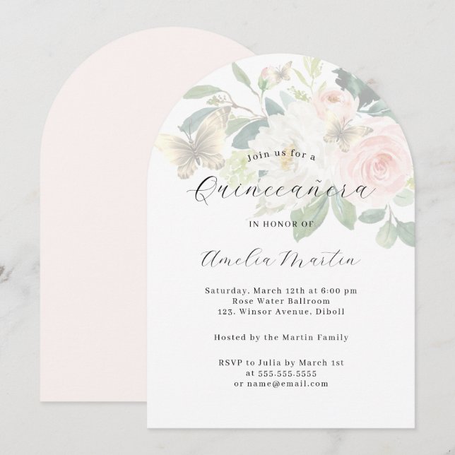Invitación Arco moderno Floral Rubor Quinceanera (Anverso / Reverso)