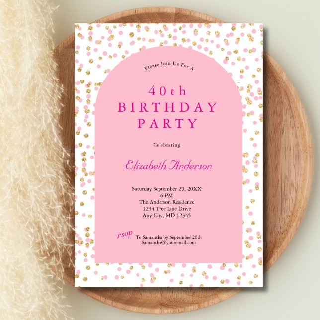 Invitación Arco moderno Purpurina de oro rosa 40 cumpleaños,  (Pink Gold Glitter 40th birthday party invitation for her. Printed or Instant Digital Download)