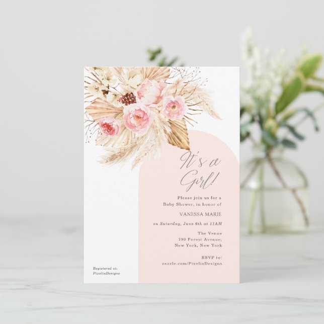Invitación arco moderno rosa es un boho chica pampas florales (Anverso de pie)