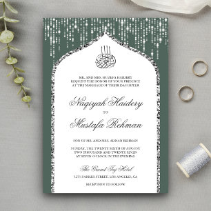 Invitación Arco musulmán de boda con brillo verde blanco plat
