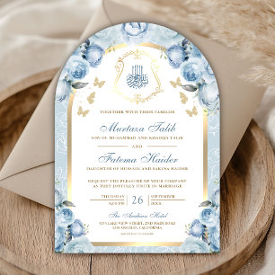Invitación Arco musulmán de boda floral azul suave dorado