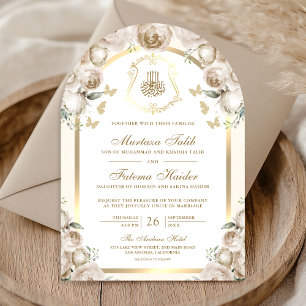 Invitación Arco Musulmán de Boda Floral Crema de Marfil Dorad