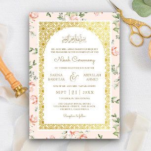 Invitación Arco Musulmán de Boda Floral Dorado de Melocotón