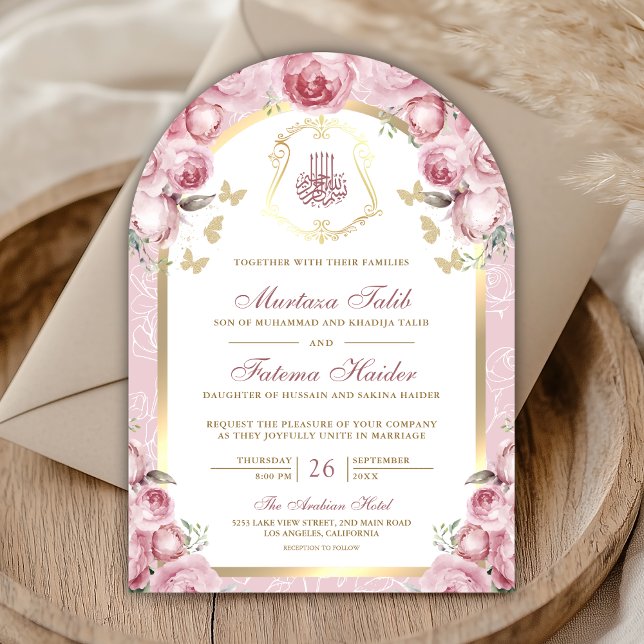 Invitación Arco Musulmán de Boda Floral Rosa con Dorado (Subido por el creador)