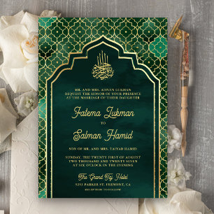 Invitación Arco Musulmán de Boda Marroquí de Oro Verde Esmera
