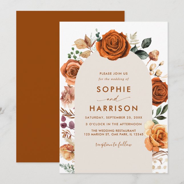 Invitación Arco Naranja quemado Terracotta Boda de óxido flor (Anverso / Reverso)