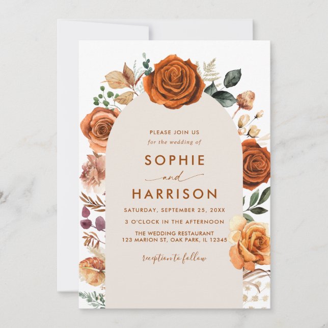 Invitación Arco Naranja quemado Terracotta Boda de óxido flor (Anverso)