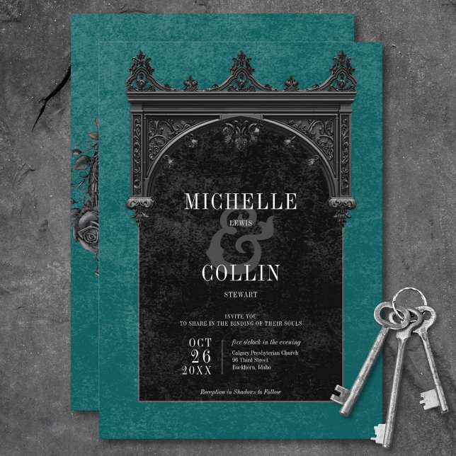 Invitación Arco negro gótico y Boda Verde azulado de Rosas ne (Gothic Black Arch & Black Roses Teal Wedding Invitation)