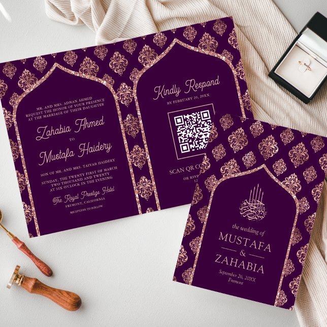 Invitación Arco oscuro morado Rosa dorado Damask Código QR mu (Subido por el creador)