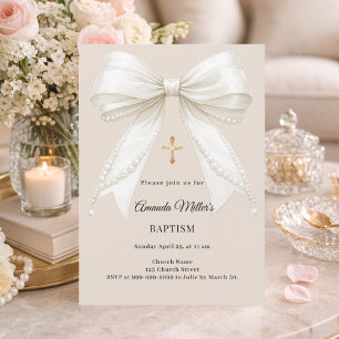 Invitación Arco Perlas Marfil Beige Niña Elegante Bautizo
