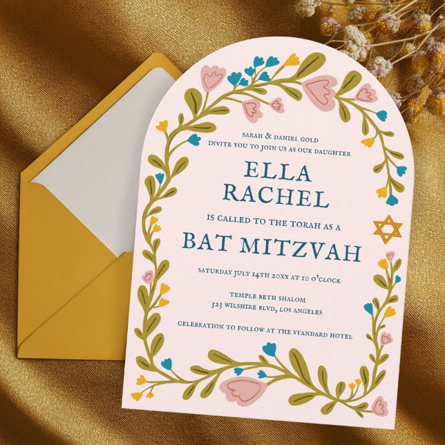 Invitación Arco Personalizado dibujado a mano por Floral Wrea (Floral Wreath Bat Mitzvah Hand-drawn Custom Arch Invitation
)