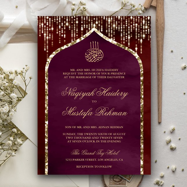Invitación Arco Purpurina Maroon y Plum Gold Boda Musulmana (Subido por el creador)
