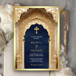 Invitación Arco Real Dorado Religioso Cristiano Boda Azul