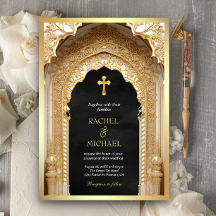 Invitación Arco Real Dorado Religioso Cristiano Boda Negra
