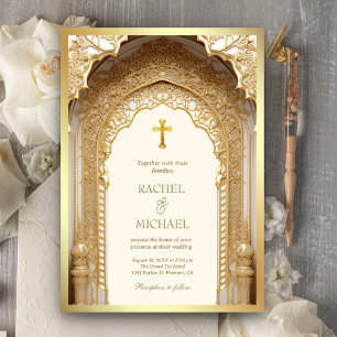 Invitación Arco Real Dorado Religioso Cristiano Crema Boda