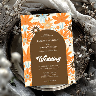 Invitación Arco retro groovino naranja de flores marrón y azu