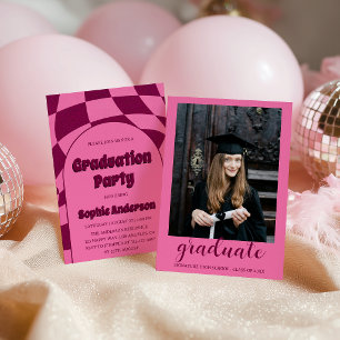 Invitación Arco Retro Groovy Rosa con Foto Fiesta de Graduaci