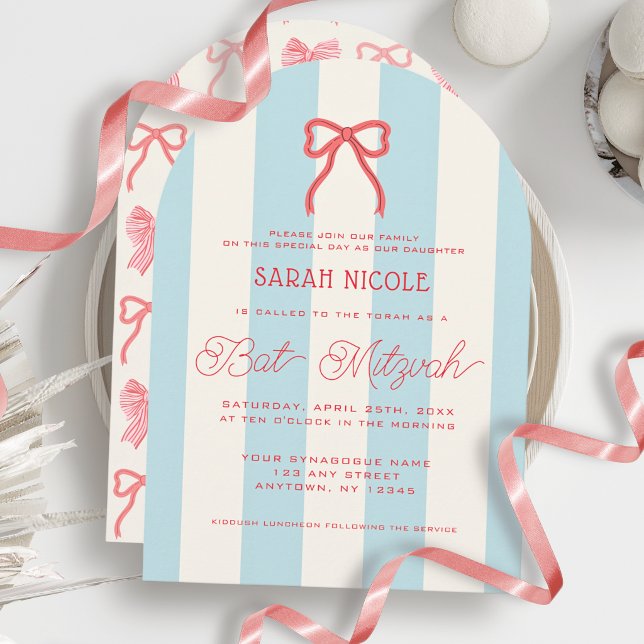Invitación Arco Rojo Coquette y Rayas Azules Bat Mitzvah (Subido por el creador)