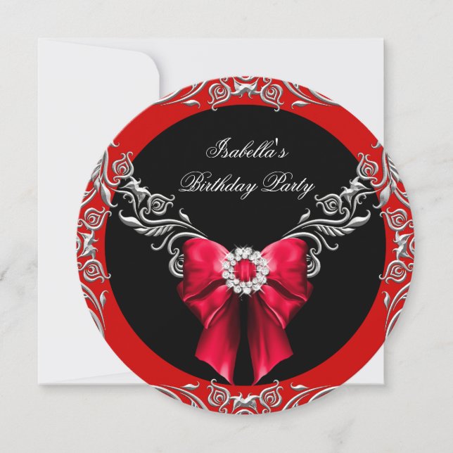 Invitación Arco Rojo Diamante Plateado Negro Fiesta de Cumple (Anverso)