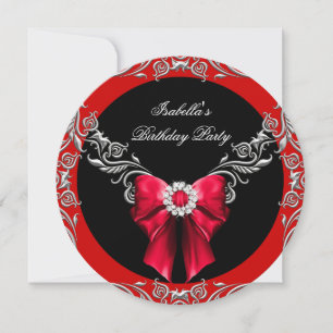 Invitación Arco Rojo Diamante Plateado Negro Fiesta de Cumple