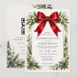 Invitación Arco Rojo Floral Invierno Navidad Código QR Boda