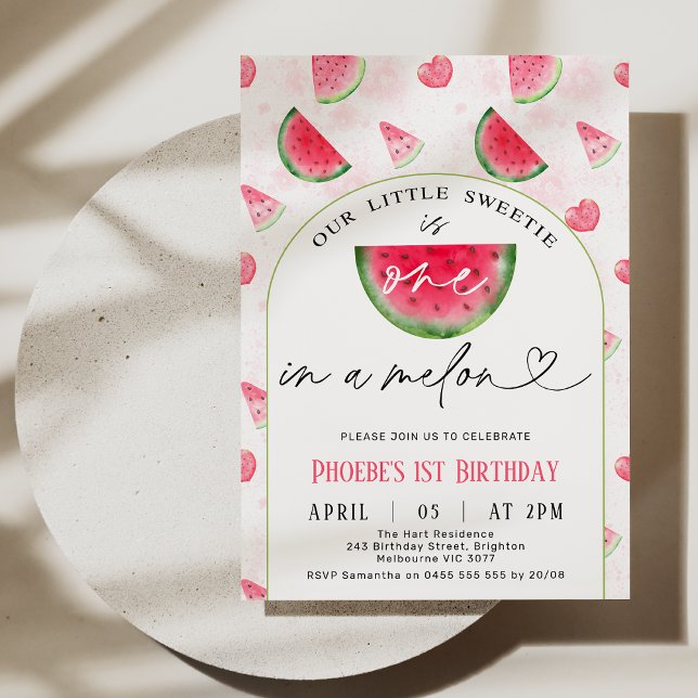 Invitación Arco Rojo Moderno Uno En Un Melón Primer Cumpleaño (Modern One In A Melon 1st Birthday Invitation Template, Watermelon Themed First Birthday Invitation)