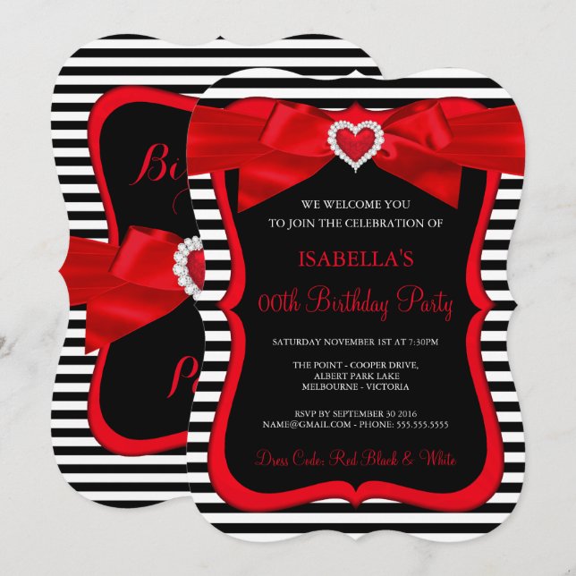 Invitación Arco Rojo Negro Raya Blanca Fiesta de Cumpleaños (Anverso / Reverso)