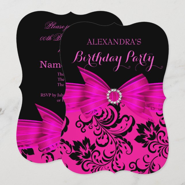 Invitación Arco Rosa Brillante Fiesta de Cumpleaños de Damasc (Anverso / Reverso)