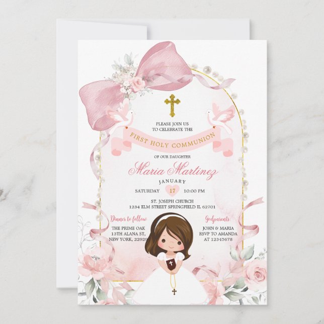 Invitación Arco Rosa Claro Perla Niña Primera Comunión (Anverso)