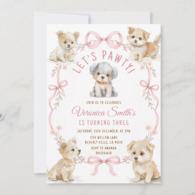Invitación Arco Rosa Cumpleaños Cachorrita Adorable para Fies (Anverso)