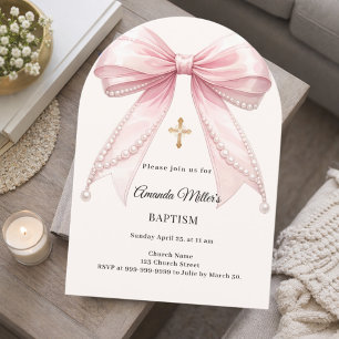 Invitación Arco Rosa Marfil Perlas Niña Elegante Bautizo