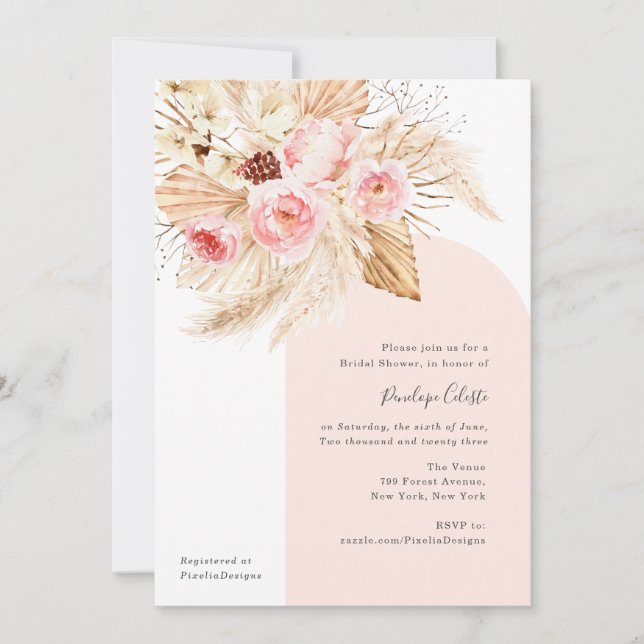 Invitación Arco Rosa Moderno Boho Floral Pampas Ducha Bridal (Anverso)