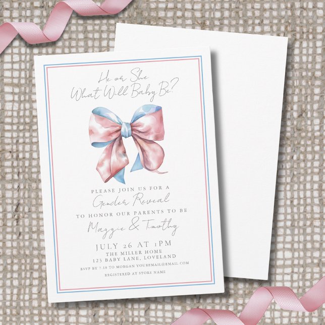 Invitación Arco Rosa y Azul Revelación del Sexo (Bow Pink And Blue Gender Reveal Invitation )